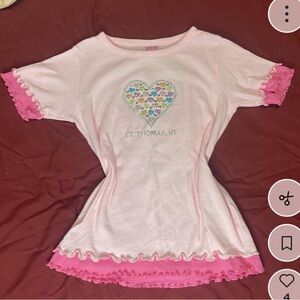 St Thomas y2k pink ruffle baby tee with embellished hearts (brand LAT)